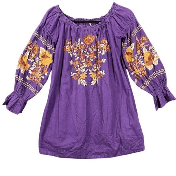 Free People Fleur de Jour Shift Dress Purple Embroidered Off Shoulder Size Small - Picture 2 of 12